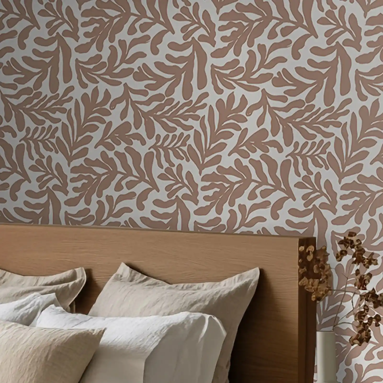 Coral Leaf Coffee on Cream Elegant Wallpaper - Image 2